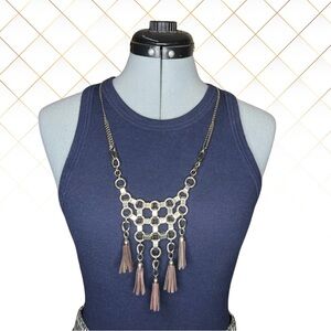 Banana Republic Necklace Multi Leather Tassel Bib Silver Steel Color Chain